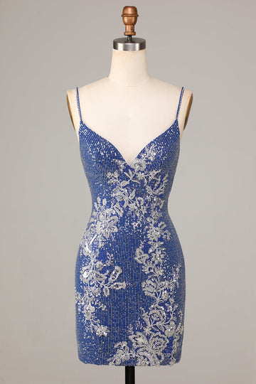 Sparkle 'til Dawn Slida Spaghetti Straps Mörkblå Kort Homecoming Klänning med broderi